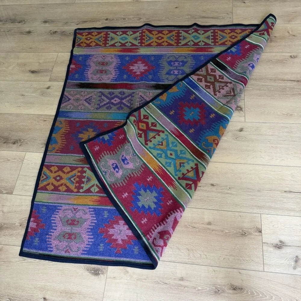 Vtg PENDLETON WESTLAND WOVENS Wool Blanket Reversible Aztec Jewel Tones